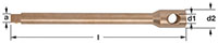 Image of a bronze metal extension bar with dimensions labeled. The rod has a square tip on the left end, suitable for sockets, and the right side features a cylinder wider than the bar with a hole for insertion of a sliding bar. Key dimensions of a, d1, d